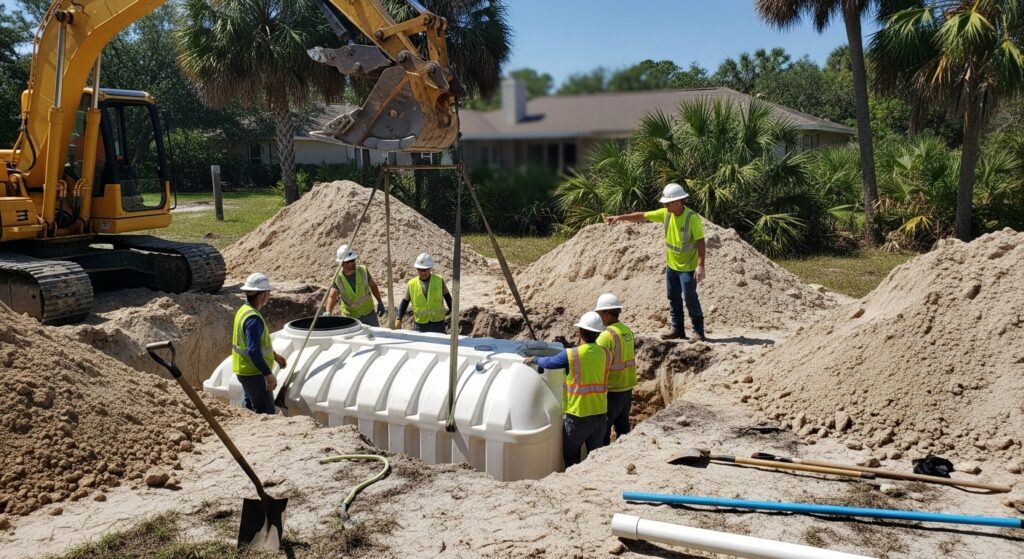 men installing a septic tank