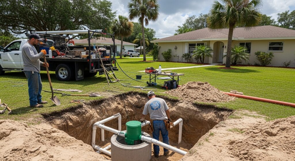 2 men repairing a septic tank