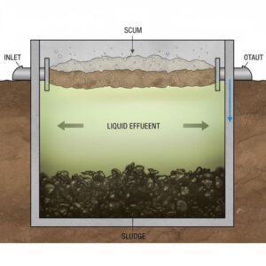 Cross section showing sludge, liquid, and scum layers inside a septic tank