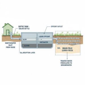 Diagram showing septic tank, drain pipes, and drain field