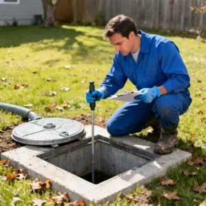 Septic technician inspecting a residential septic tank